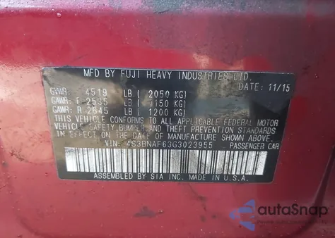 2016 Subaru Legacy 2.5I Premium from USA, damaged, VIN 4S3BNAF63G3023955